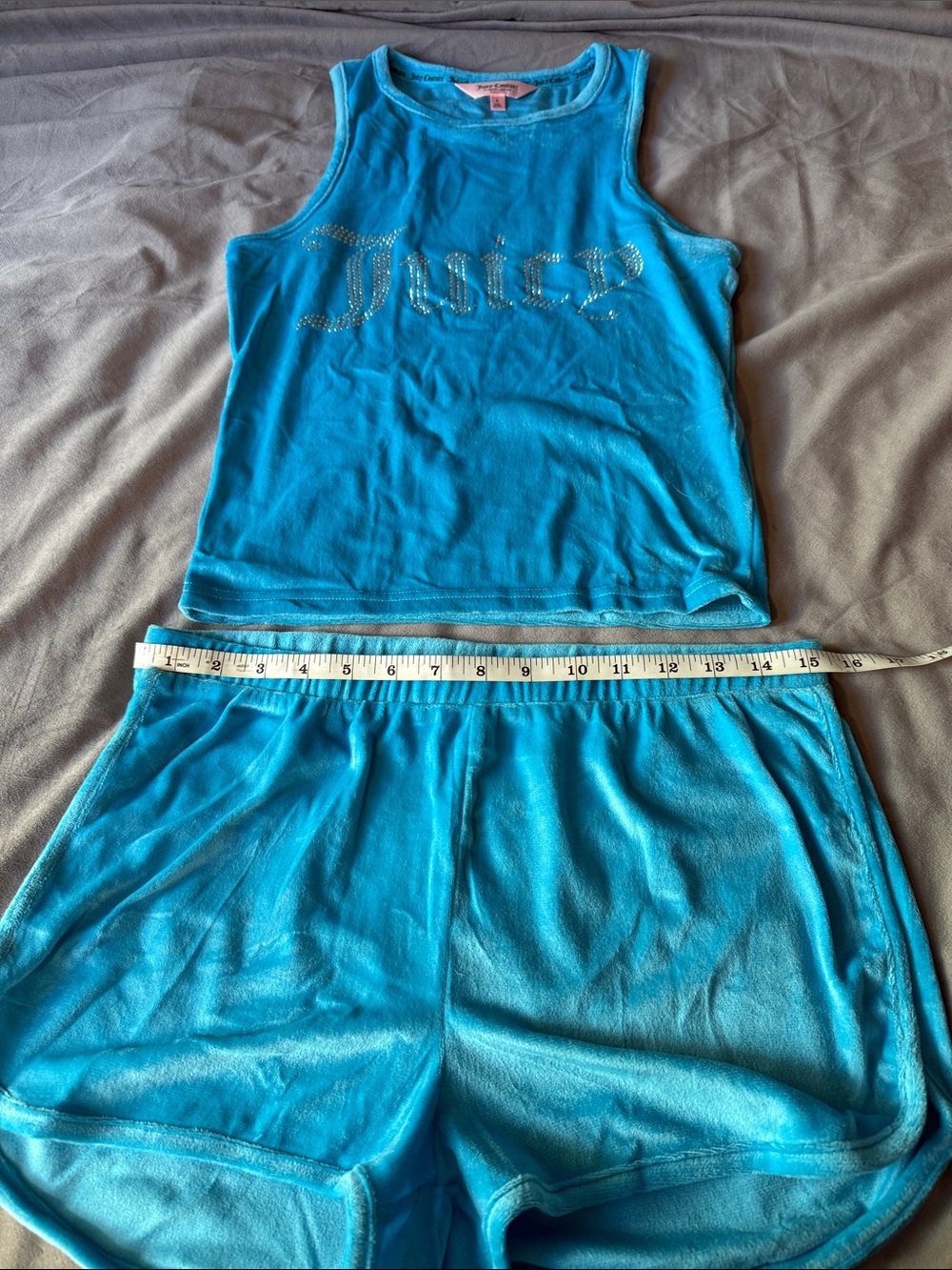 Juicy Couture Turquoise Blue Velour Tank & Shorts Set Silver Sparkles - Picture 2 of 5